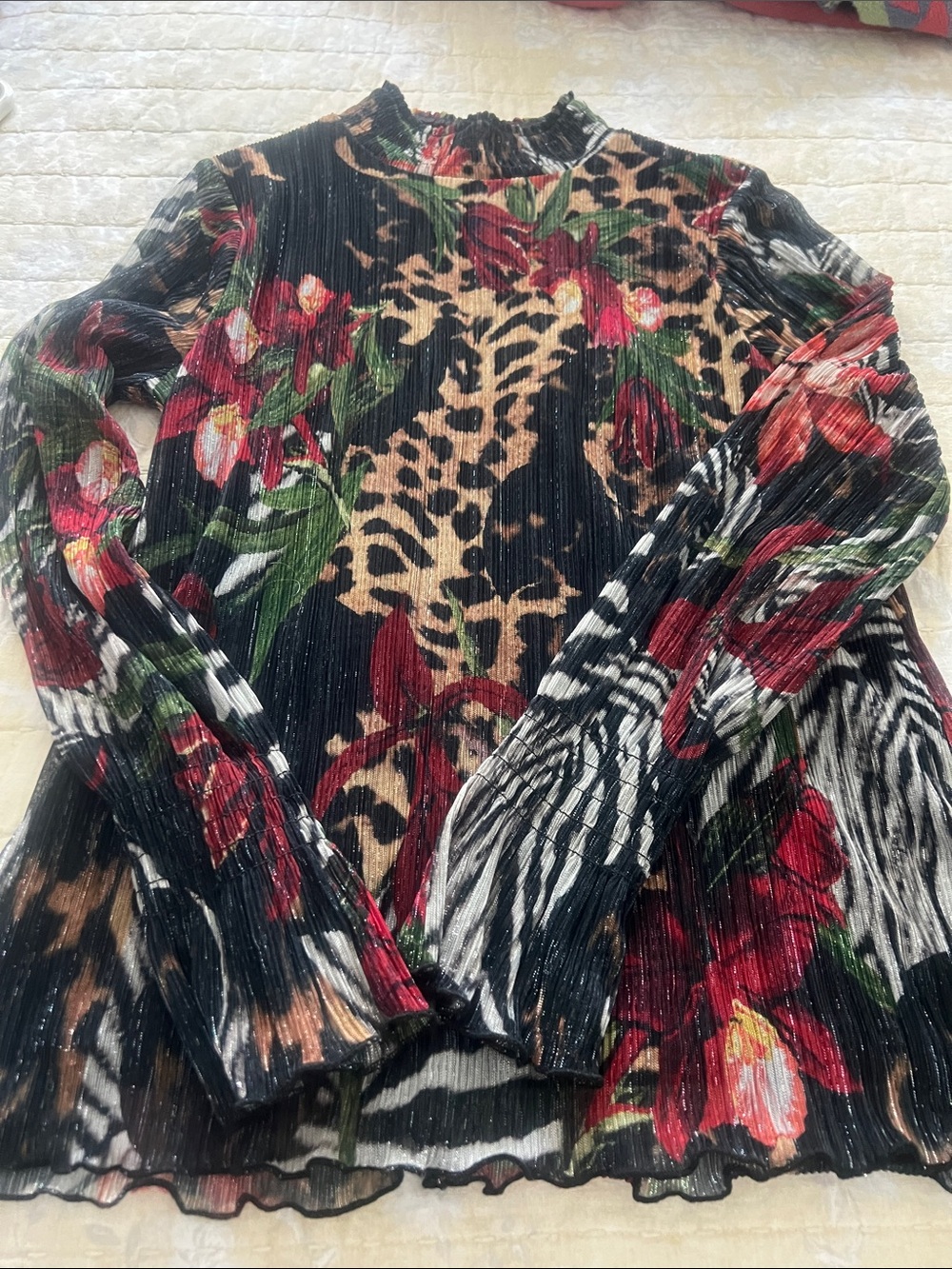 Chico's Black Top with Red and Green Metallic Stripes